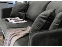 Canapé - 221 Cm - Trois Places Velours Hydrophobe - Gris - Pieds Noirs - VOLIO -Canapé Soldes Boutique canape 22358453