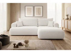 Canapé D'angle - 260 Cm - Avec Fonction De Couchage En Forme De L - Crème - Avec Coffre En Boucle - Côté Droit - OVO