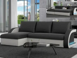 Canapé D'angle Convertible Et Réversible En Simili à Leds CORNEILLE - Bicolore Noir/blanc