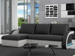 Canapé D'angle Convertible Et Réversible En Simili à Leds CORNEILLE - Bicolore Noir/blanc -Canapé Soldes Boutique canape 225981