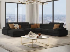 Canapé Panoramique 7 Places En Cuir ELEVANTO - Noir - Angle Gauche -Canapé Soldes Boutique canape 22678389