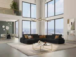 Canapé Panoramique 7 Places En Cuir ELEVANTO - Noir - Angle Gauche