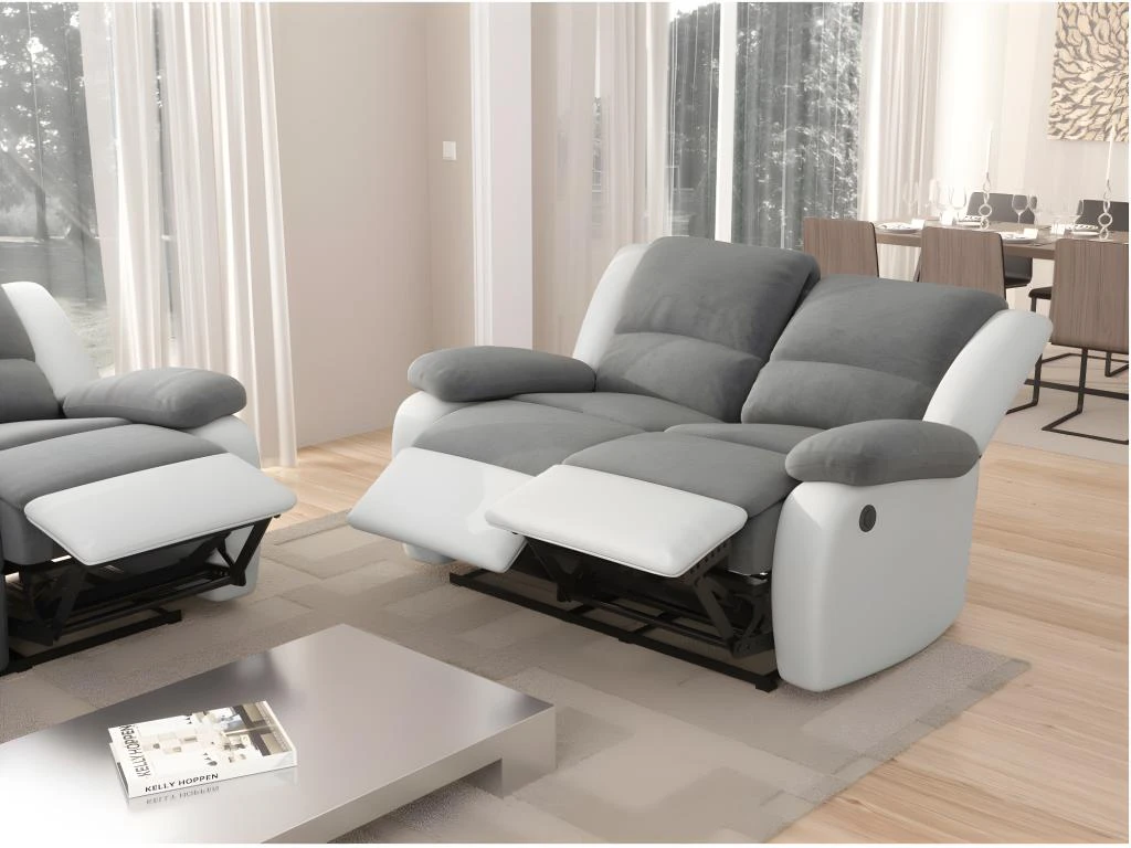 Canapé De Relaxation électrique 2 Places Microfibre Et Simili DETENTE - Blanc Et Gris 2 Canapé De Relaxation électrique 2 Places Microfibre Et Simili DETENTE - Blanc Et Gris – Image 2