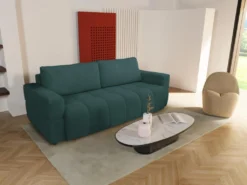 Canapé 3 Places Convertible En Tissu Bouclette Bleu Canard ISSORO