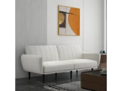 Canapé Convertible 3 Places Design Contemporain Dossier Inclinable Modulable Bois Hévéa Noir Tissu Blanc Cassé