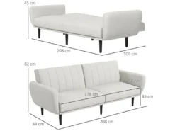 Canapé Convertible 3 Places Design Contemporain Dossier Inclinable Modulable Bois Hévéa Noir Tissu Blanc Cassé -Canapé Soldes Boutique canape 22736391