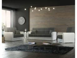 Canapé Luis, Canapé Conteneur 3 Places En éco-cuir Et Tissu, Canapé De Salon En Tissu Rembourré Avec Ouverture Clic-clac, 220x84h91 Cm, Blanc Et Gris Foncé -Canapé Soldes Boutique canape 22766439