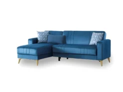 Canapé Miguel, Canapé D'angle Rangement Avec 3 Coussins Inclus, Canapé En Tissu Rembourré Avec Ouverture Clic-clac, Avec Péninsule Réversible, 225x151h84 Cm, Bleu