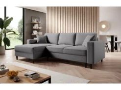 Canapé D'angle - 230 Cm - En L Avec Un Coffre De Rangement - Velours Hydrophobe - Gris - Côté Gauche - NALIKA