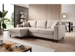 Canapé D'angle - 230 Cm - En L Avec Un Coffre De Rangement - Velours Hydrophobe - Crème - Côté Gauche - NALIKA