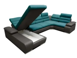 Canapé D'angle Panoramique Convertible En Tissu Et Simili BOILEAU - Bicolore Turquoise/anthracite - Angle Gauche -Canapé Soldes Boutique canape 228393