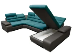 Canapé D'angle Panoramique Convertible En Tissu Et Simili BOILEAU - Bicolore Turquoise/anthracite - Angle Droit -Canapé Soldes Boutique canape 228405