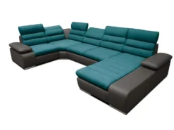 Canapé D'angle Panoramique Convertible En Tissu Et Simili BOILEAU - Bicolore Turquoise/anthracite - Angle Droit -Canapé Soldes Boutique canape 228409