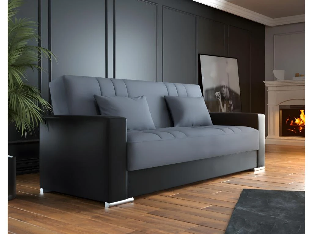 Canapé Dmede, Canapé Conteneur 3 Places En éco-cuir Et Tissu, Canapé De Salon Avec Ouverture Clic-clac Et 2 Coussins Inclus, 230x96h101 Cm, Noir Et Gris 2 Canapé Dmede, Canapé Conteneur 3 Places En éco-cuir Et Tissu, Canapé De Salon Avec Ouverture Clic-clac Et 2 Coussins Inclus, 230x96h101 Cm, Noir Et Gris – Image 2