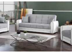 Canapé Dgirou, Canapé Conteneur 3 Places En éco-cuir Et Tissu, Canapé De Salon En Tissu Rembourré Avec Ouverture Clic-clac, 220x84h91 Cm, Blanc Et Gris