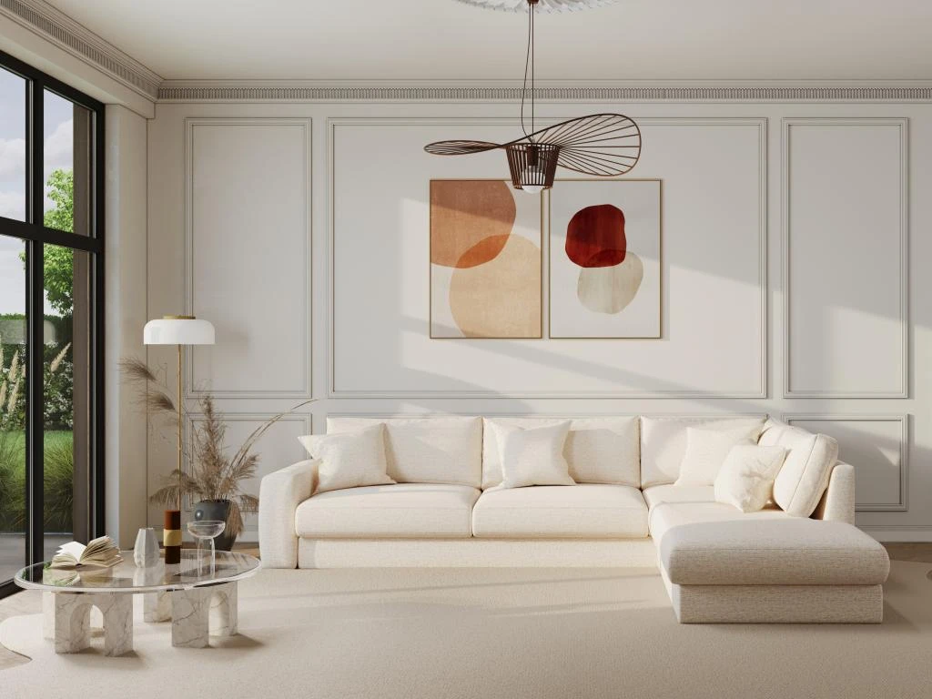 Canapé D'angle Droit En Tissu Beige JULINA 1 Canapé D'angle Droit En Tissu Beige JULINA