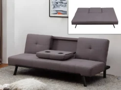 Canapé Convertible Clic-clac En Tissu PRAGUE Avec Dossier Central Rabattable - Gris -Canapé Soldes Boutique canape 231249