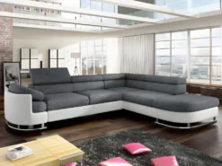 Canapé D'angle Convertible En Tissu Et Simili MYSEN - Blanc Et Gris - Angle Droit