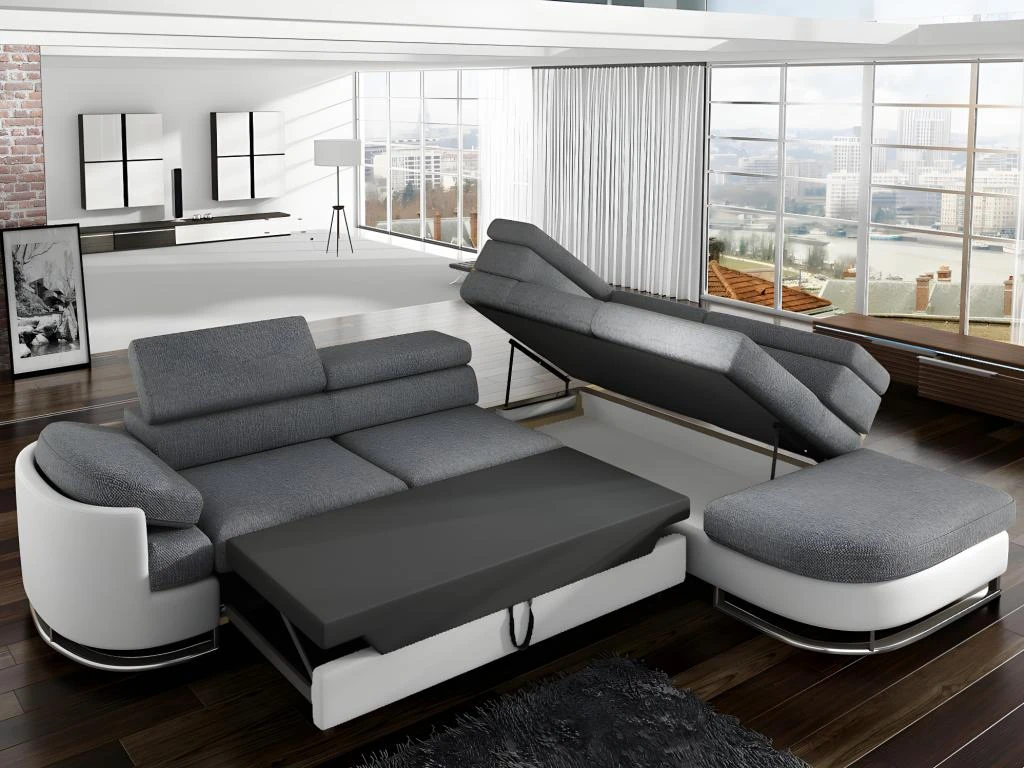 Canapé D'angle Convertible En Tissu Et Simili MYSEN - Blanc Et Gris - Angle Droit 3 Canapé D'angle Convertible En Tissu Et Simili MYSEN - Blanc Et Gris - Angle Droit – Image 3
