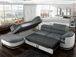 Canapé D'angle Convertible En Tissu Et Simili MYSEN - Blanc Et Gris - Angle Gauche -Canapé Soldes Boutique canape 234283