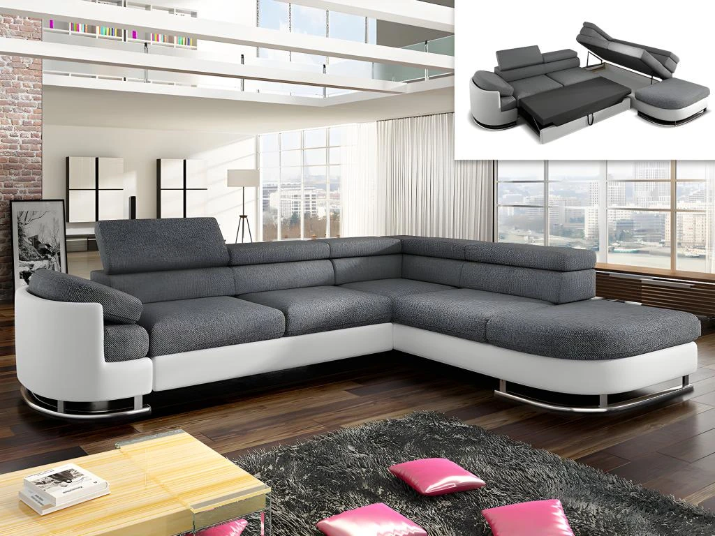 Canapé D'angle Convertible En Tissu Et Simili MYSEN - Blanc Et Gris - Angle Droit 2 Canapé D'angle Convertible En Tissu Et Simili MYSEN - Blanc Et Gris - Angle Droit – Image 2