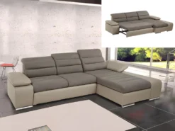 Canapé D'angle Convertible En Tissu Et Simili MIRABEAU - Taupe - Angle Droit