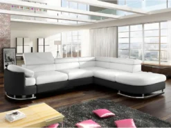 Canapé D'angle Convertible En Simili MYSEN - Blanc Et Noir - Angle Droit