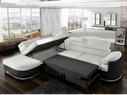 Canapé D'angle Convertible En Simili MYSEN - Blanc Et Noir - Angle Gauche -Canapé Soldes Boutique canape 245295