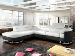 Canapé D'angle Convertible En Simili MYSEN - Blanc Et Noir - Angle Gauche