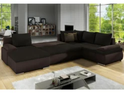 Canapé D'angle Panoramique Convertible Et Réversible En Simili Et Tissu DAKOTA - Marron -Canapé Soldes Boutique canape 294531