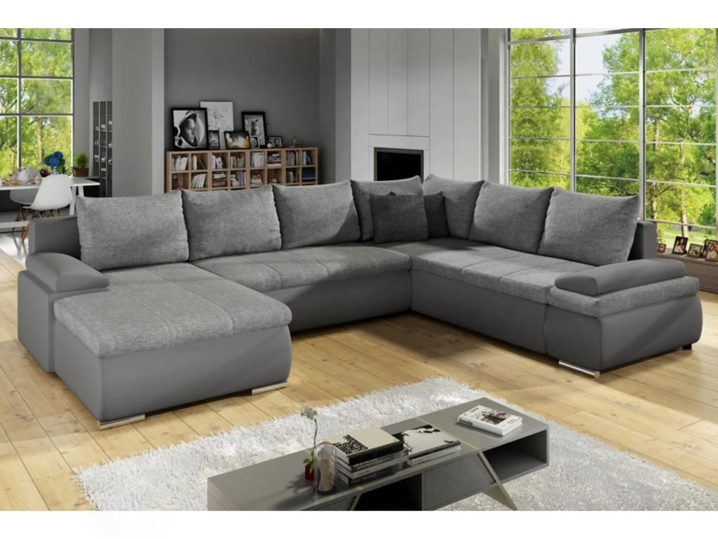 Canapé D'angle Panoramique Convertible Et Réversible En Simili Et Tissu DAKOTA - Gris 3 Canapé D'angle Panoramique Convertible Et Réversible En Simili Et Tissu DAKOTA - Gris – Image 3