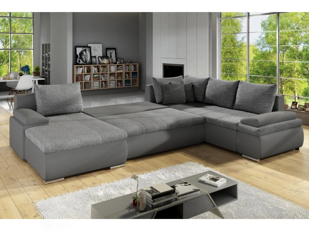 Canapé D'angle Panoramique Convertible Et Réversible En Simili Et Tissu DAKOTA - Gris 2 Canapé D'angle Panoramique Convertible Et Réversible En Simili Et Tissu DAKOTA - Gris – Image 2