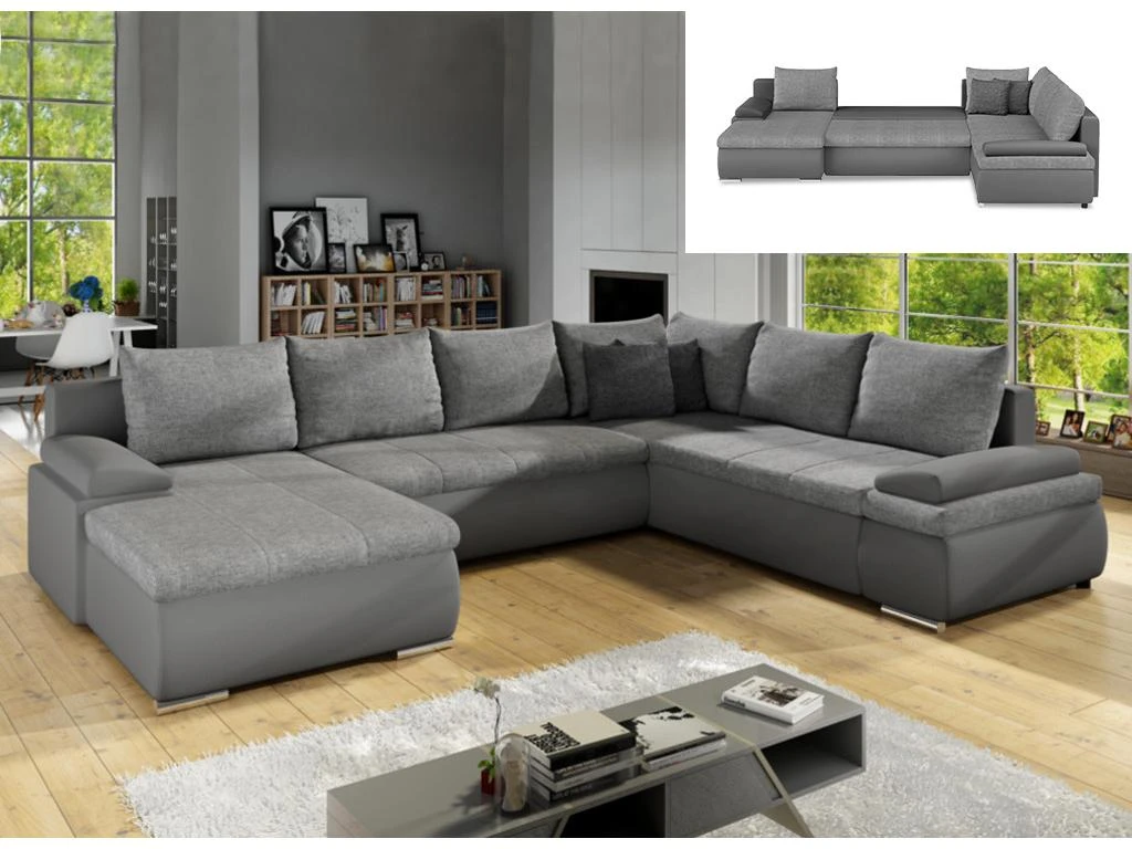 Canapé D'angle Panoramique Convertible Et Réversible En Simili Et Tissu DAKOTA - Gris 1 Canapé D'angle Panoramique Convertible Et Réversible En Simili Et Tissu DAKOTA - Gris