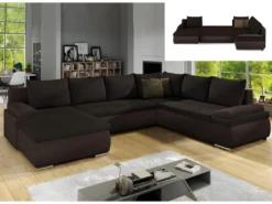 Canapé D'angle Panoramique Convertible Et Réversible En Simili Et Tissu DAKOTA - Marron