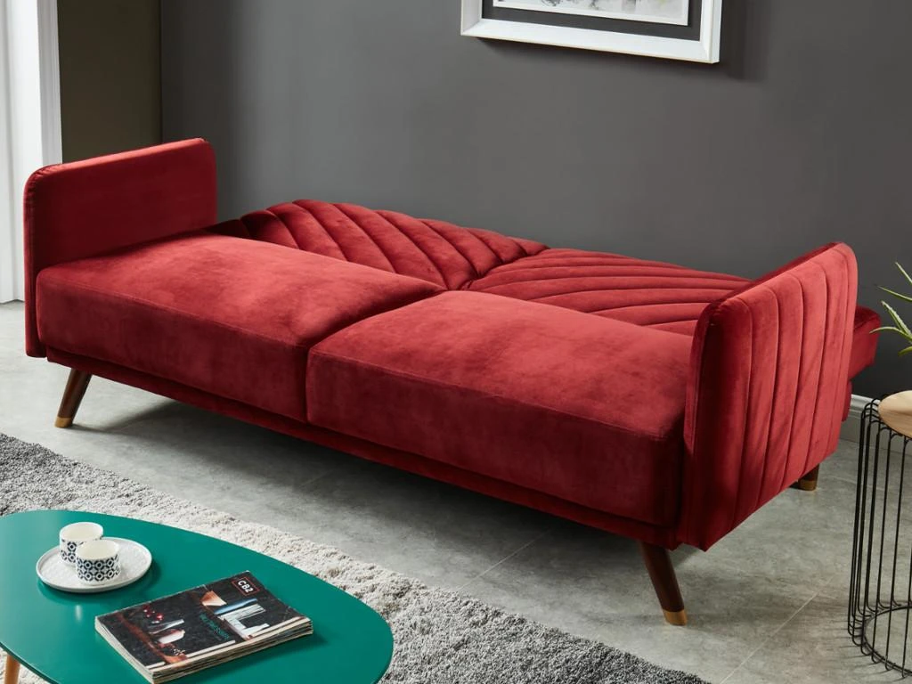 Canapé 3 Places Convertible Clic-clac En Velours JORIS - Rouge 2 Canapé 3 Places Convertible Clic-clac En Velours JORIS - Rouge – Image 2