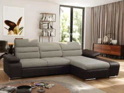 Canapé D'angle Convertible En Tissu Et Simili MIRABEAU - Bicolore Beige/marron - Angle Droit