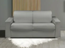 Canapé 2 Places Convertible Express En Simili CALITO - Gris - Couchage Lattes Larges 120 Cm - Matelas 18 Cm