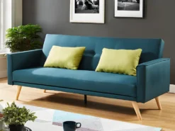 Canapé 3 Places Convertible En Tissu DARVEL - Bleu Canard Et Coussins Vert Pomme