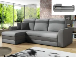 Canapé D'angle Réversible Et Convertible GIANY En Tissu Et Simili- Gris Clair Avec Bandes Anthracites