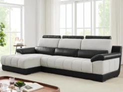 Canapé D'angle Gauche En Tissu Et Cuir Noir Et Crème ARAGON -Canapé Soldes Boutique canape 3573273