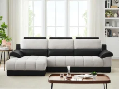 Canapé D'angle Gauche En Tissu Et Cuir Noir Et Crème ARAGON -Canapé Soldes Boutique canape 3573275