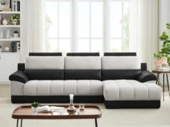 Canapé D'angle Droit En Tissu Et Cuir Noir Et Crème ARAGON 13 Canapé D'angle Droit En Tissu Et Cuir Noir Et Crème ARAGON -Canapé Soldes Boutique canape 3573291