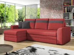 Canapé D'angle Réversible Et Convertible En Tissu GIANY - Rouge Et Bandes Anthracites