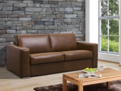 Canapé 3 Places Convertible Express 100% Cuir De Buffle Vintage Caramel Matelas 14cm DELECTEA II -Canapé Soldes Boutique canape 405621