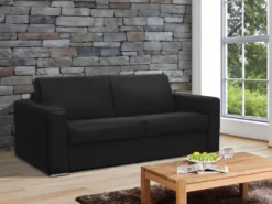 Canapé 3 Places Convertible Express 100% Cuir De Buffle Noir Matelas 18 Cm DELECTEA II -Canapé Soldes Boutique canape 406149