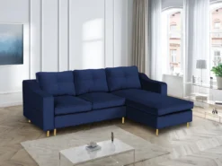 Canapé D'angle Convertible Et Réversible En Velours SORENI - Bleu Nuit