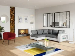 Canapé D'angle Convertible Tissu Et Simili KUOPIO - Gris Et Blanc - Angle Gauche