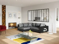 Canapé D'angle Convertible Tissu Et Simili KUOPIO - Gris Et Noir - Angle Gauche