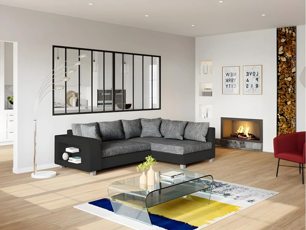 Canapé D'angle Convertible Tissu Et Simili KUOPIO - Gris Et Noir - Angle Droit 1 Canapé D'angle Convertible Tissu Et Simili KUOPIO - Gris Et Noir - Angle Droit