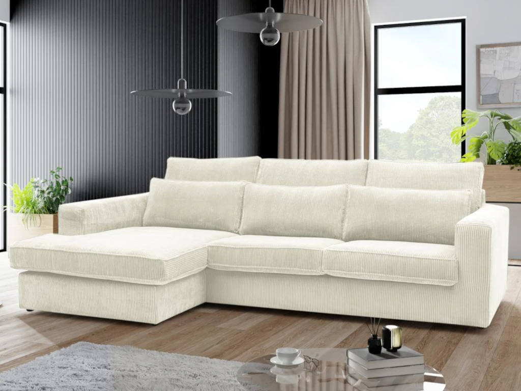 Canapé D'angle Gauche En Velours Côtelé Crème MONDOVI 2 Canapé D'angle Gauche En Velours Côtelé Crème MONDOVI – Image 2